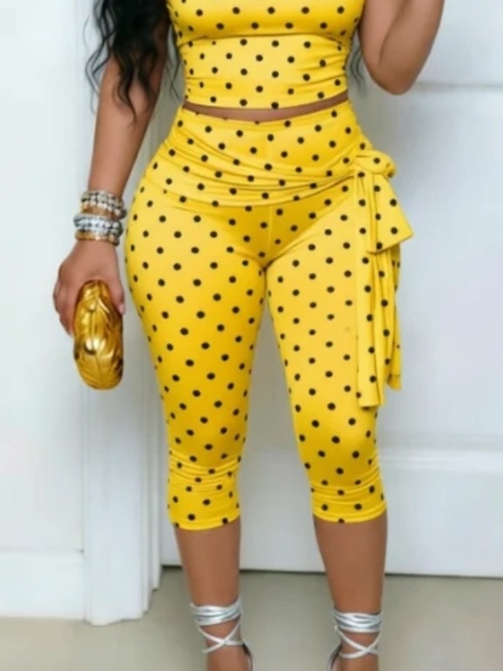 Yellow Polka Dot Capri Jumpsuit with Side Tie